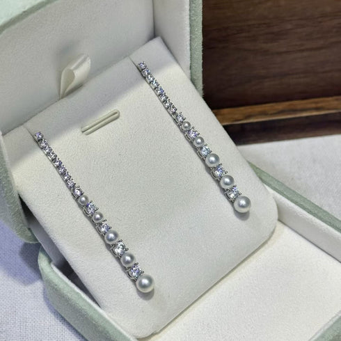 Line Zirconia Pearl Long Earrings - Sterling Silver